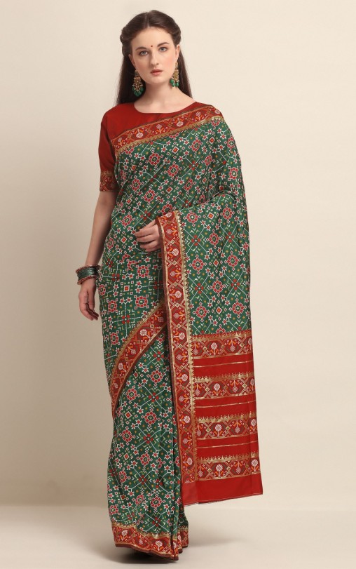 KAPAAHA Woven Navratan Patola Saree (Dark Green)